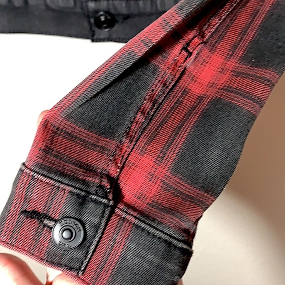 Rare HUDSON jean’s black & red buffalo check denim Jean Jacket Sz S Stretch - Picture 13 of 13